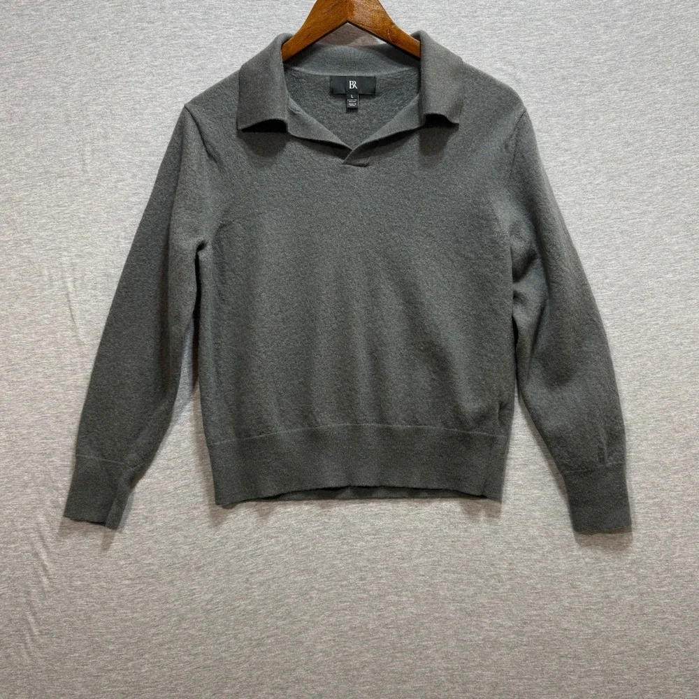 Banana Republic Sweater Mens L Grey Merino Wool Polo V-Neck Pullover Preppy